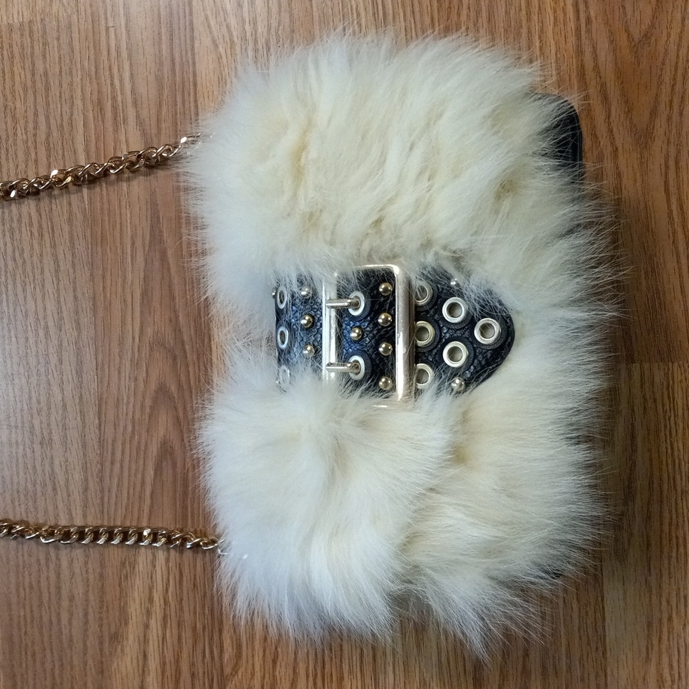 Faux Fur Gold Chain Shoulder Bag - Cream and Black, Gold Designed Buckle - Picture 2 of 9